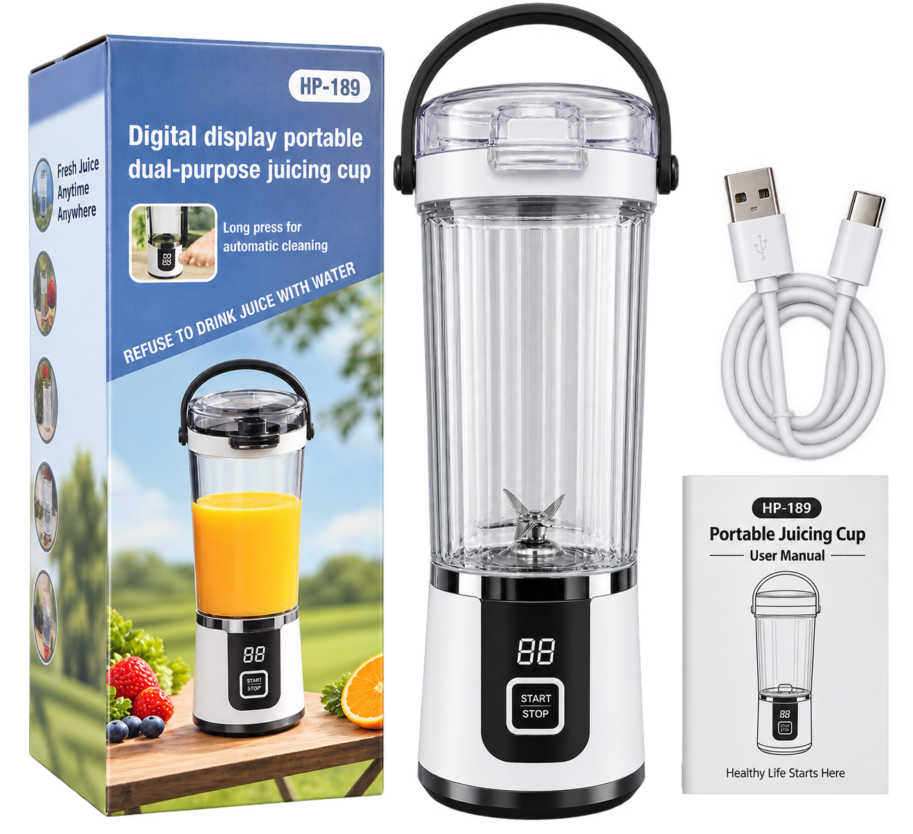 HP-189 Portable USB Rechargeable Juicer Blender Cup with Digital Display
