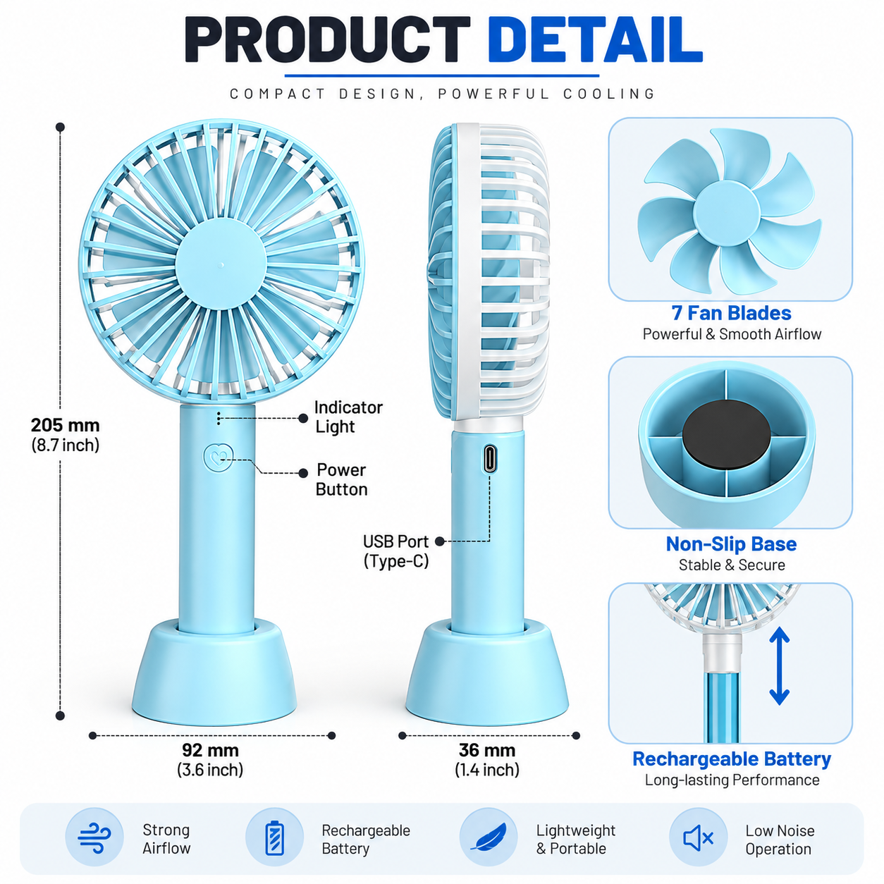 Portable USB Rechargeable Fan – Compact Battery-Powered Mini Hand Fan