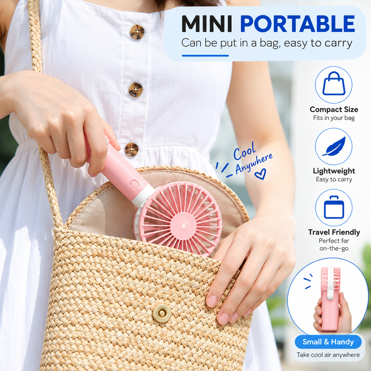 Portable USB Rechargeable Fan – Compact Battery-Powered Mini Hand Fan