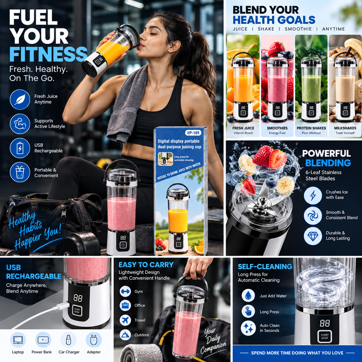 HP-189 Portable USB Rechargeable Juicer Blender Cup with Digital Display