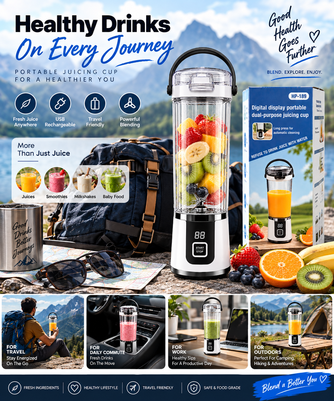 HP-189 Portable USB Rechargeable Juicer Blender Cup with Digital Display